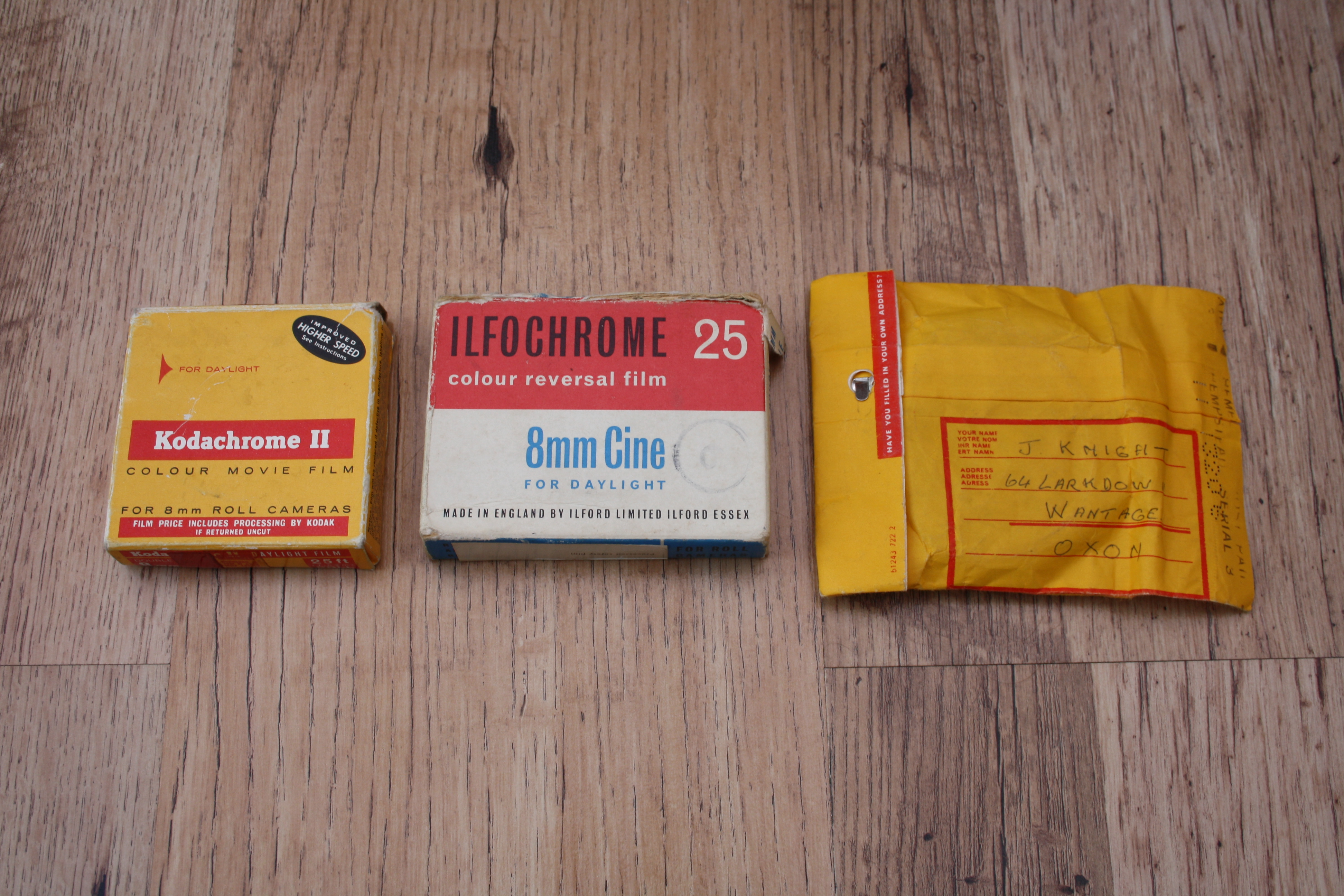 Pre 1970s Kodak Regular 8 packaging, Pre 1970s Ilford Regular 8 packaging, 1970s onwards Kodak Super 8 envelope packaging
